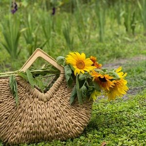 Raffia Woven Straw Tote With Wooden Handle